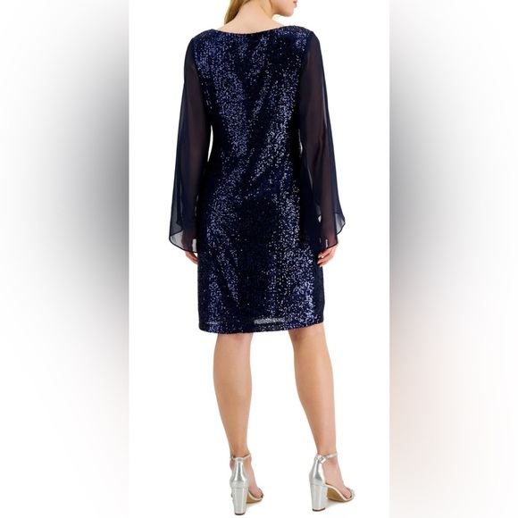 Women’s Formal Dress Navy CONNECTED APPAREL Chiffon Long Sleeves Sheath Sequins - Picture 2 of 9